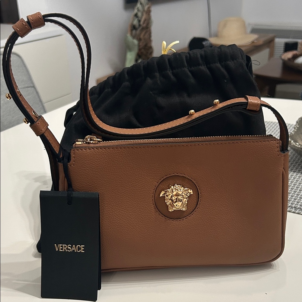 Versace Tan Vitello Leather Shoulder Bag with Gold Accents NWT